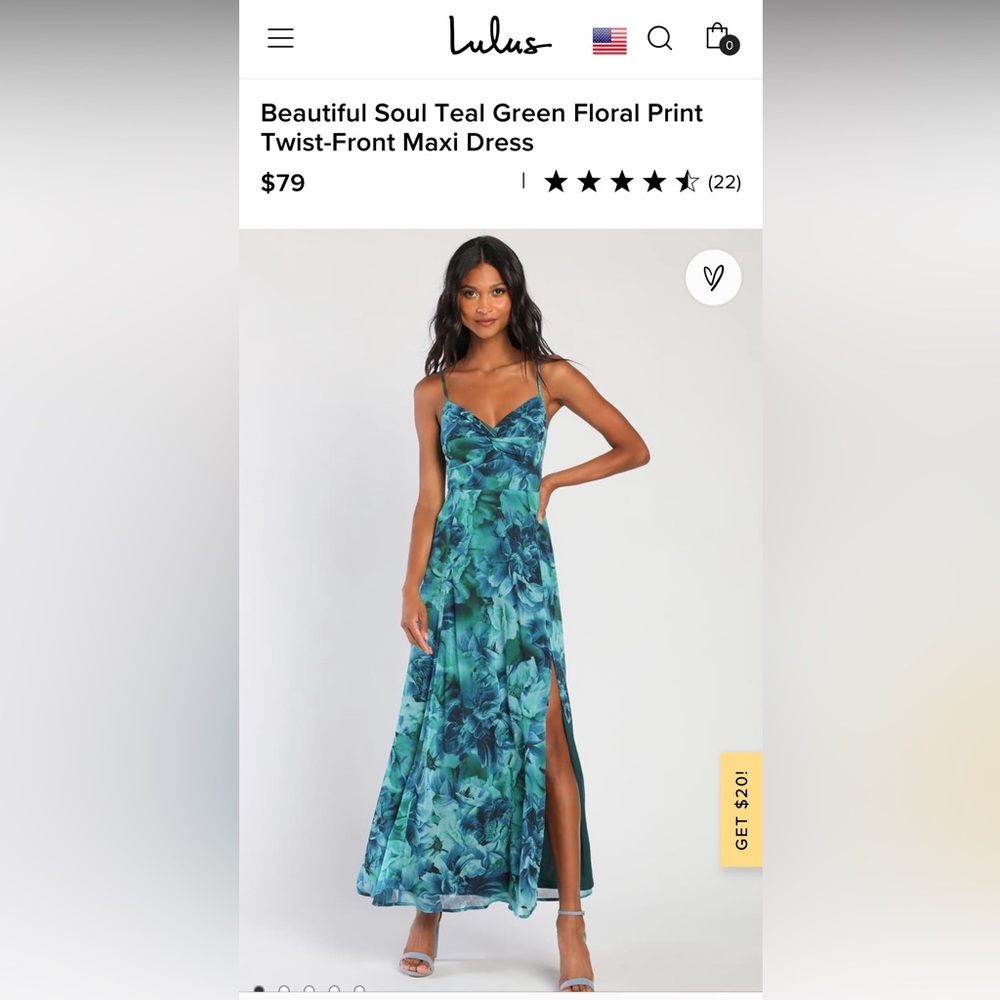 Lulus Beautiful Soul Teal Green Floral Print Twist-Front Maxi Dress -M NWT